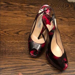 Jimmy Choo red and black peep toe sling backs